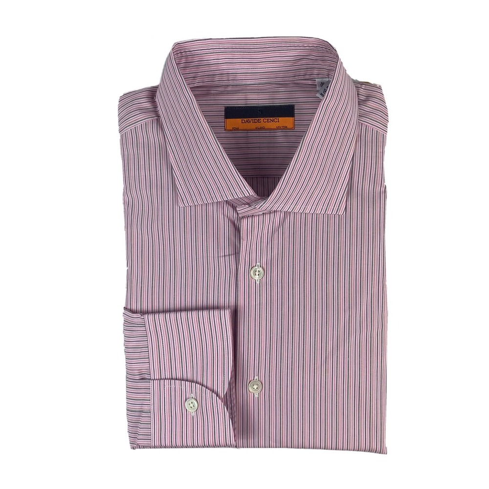 Davide Cenci Mens Pink Gray Striped Cotton Dress Shirt Size 16.5 42 NWT